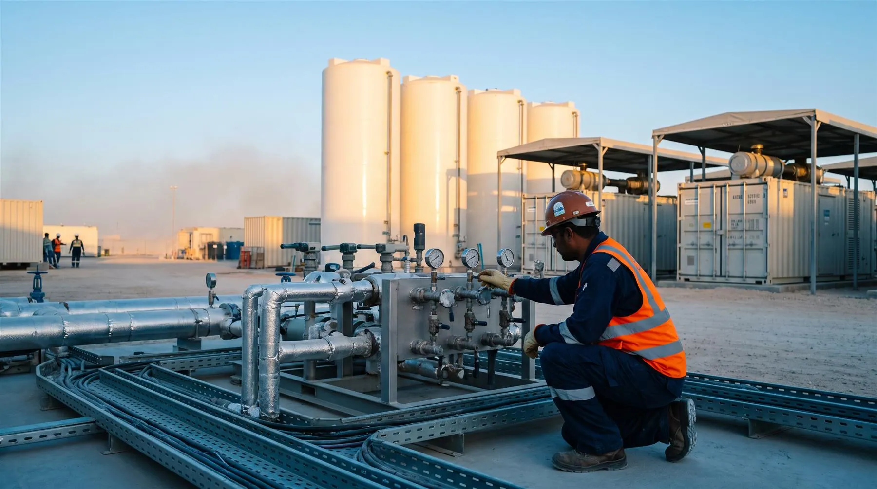 A technician checking water treatment equipment